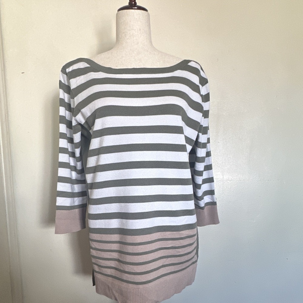 Laura Scott Woman Olives Green/White Knit Striped Boat Neck 3/4 Pullover 1X